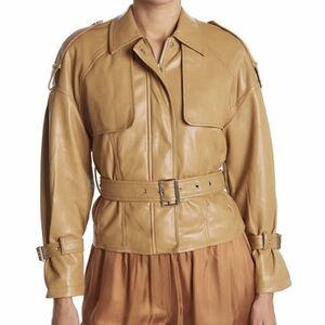 New Azalea Wang Sloane Faux Leather Belted Cropped Trench Jacket in Tan | XL